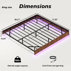 English Elm Walnut Floating King Bed Frame with LED Lights, Wave Curve Wood Texture, 1000LB Heavy Duty Metal Slats W1820P333576