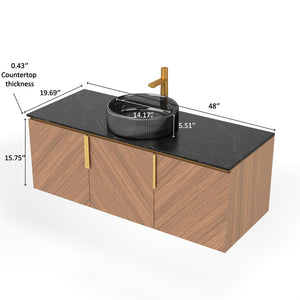 English Elm Arai 48" Modern Bathroom Vanity With Black Glass Basin & Sintered Stone Top, Brown Oak Cabinet Design W2615S00361