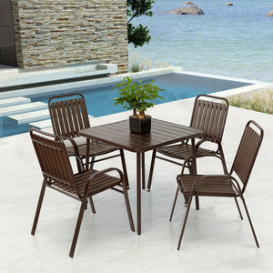 English Elm 5-Piece Wicker Outdoor Dining Set with Square Steel Tabletop, Umbrella Hole, Ergonomic Chairs Brown W640S00047