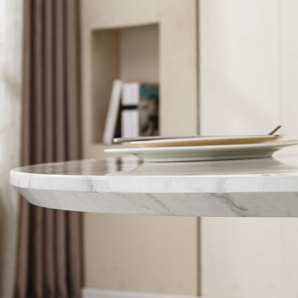 English Elm 47" Round Marble Dining Table - Modern High-Gloss Faux Marble Top With Stainless Steel Base For Style W3456S00007
