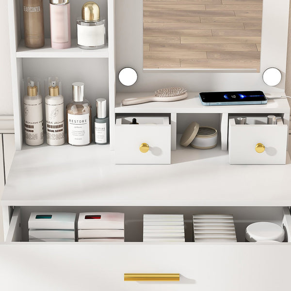 English Elm Vanity compact dressing desk with LED mirror, 3-color dimmable lights, drawers, stool, outlet White W2699P345800