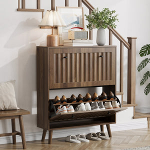English Elm Medieval-style Walnut Tilt-out Shoe Cabinet Vertical Groove Entryway Storage Unit W1706P465293