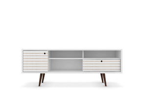 English Elm Liberty 71" TV Stand with Mid-Century Splayed Legs, Wire Management, Drawer & Cubby Storage White B365P398398