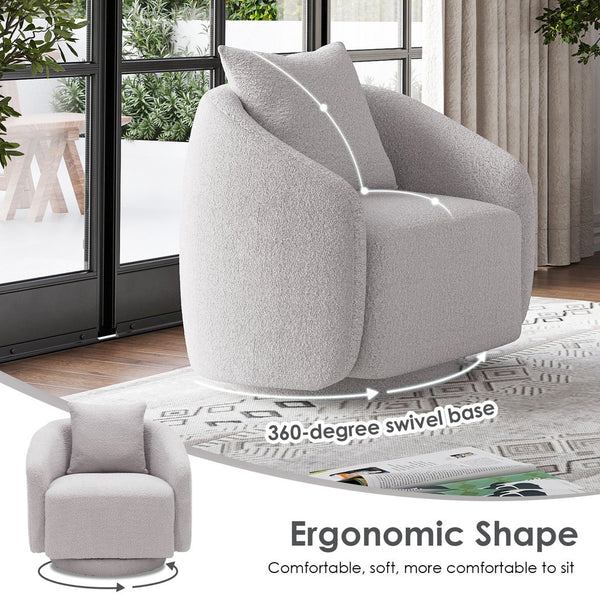 English Elm Swivel Barrel Armchair in Teddy Fabric with Lumbar Pillow and Solid Wood Legs Gray T3623P430693