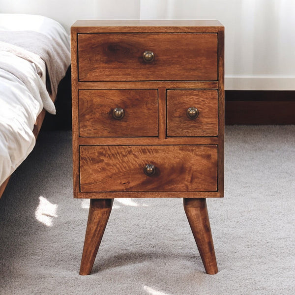 English Elm Solid Mango Wood Four Drawer Nightstand with Nordic Legs and Warm Caramel Finish B182P279216
