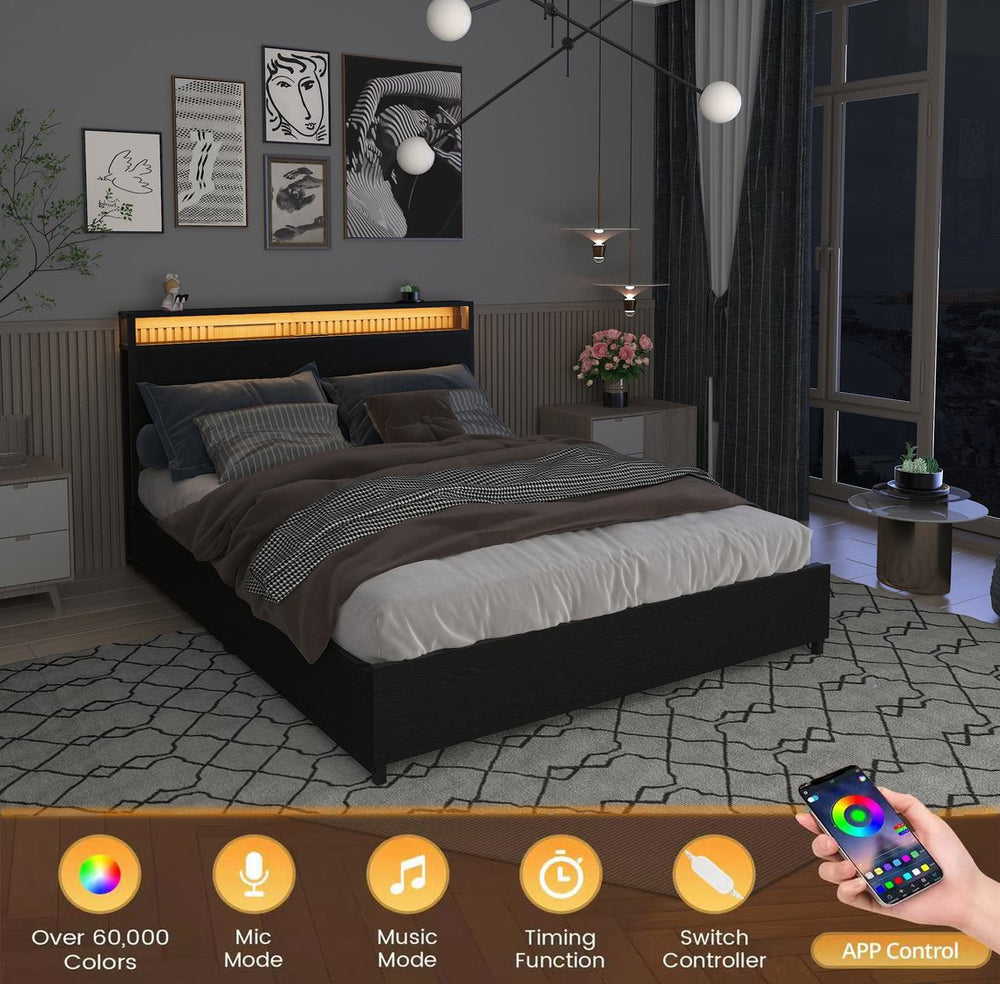 English Elm King Storage Bed Frame with Headboard Charging Station, 4 Drawers, 16 RGB LEDs, Sturdy Metal Design W2129P272215