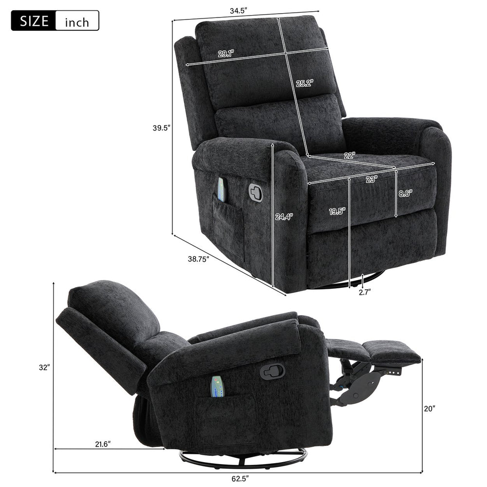 English Elm Manual Recliner Swivel Rocker Massage Chair Chenille Nursery and Living Room Seat Black N763P347287B