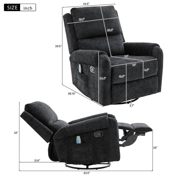 English Elm Manual Recliner Swivel Rocker Massage Chair Chenille Nursery and Living Room Seat Black N763P347287B