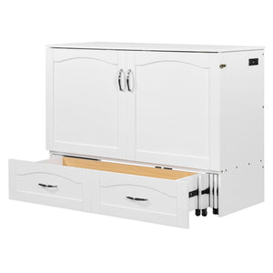 English Elm Full Size Murphy Wall Bed with Storage Drawers Usb Charging Ports and Pulley Mechanism White LP100670AAK