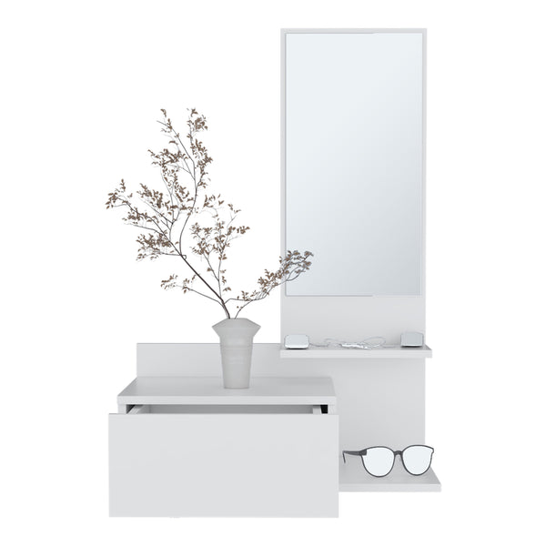 English Elm Vienna modern floating mirror console with 3-tier open shelves and full-extension drawer for entryway storage White 31.5 L x 18.2 W x 6 H B070P242498