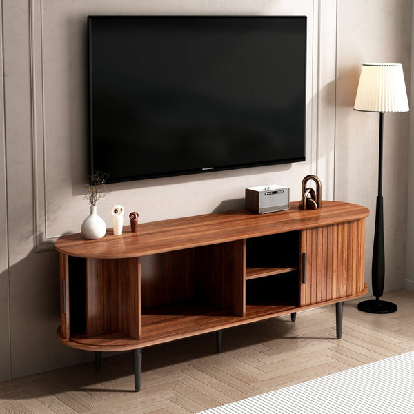 English Elm Tv Stand, 55" Walnut Mid-Century Modern Console With Storage, Sliding Door & Stylish Design For Home W2641P329198-GIGA
