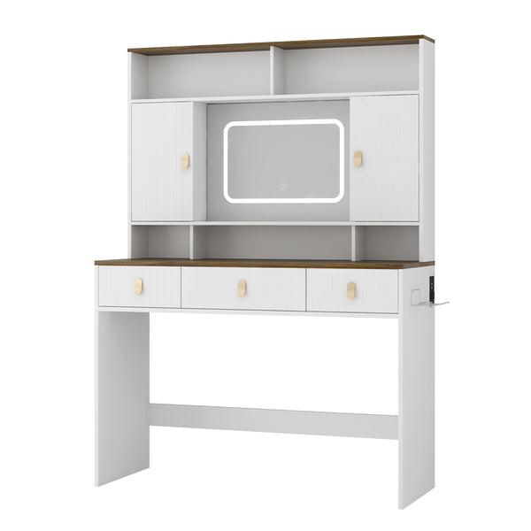 English Elm Farmhouse Vanity with Lighted Mirror Drawers and Styling Tool Storage for Bedroom W1321P423039