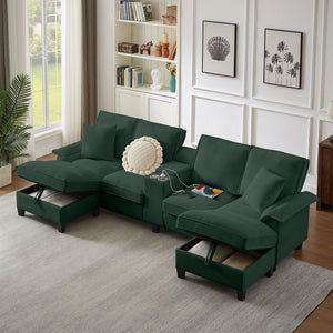 English Elm 120" Modular Corduroy Sectional Sofa Bed with Storage, U-Shaped 4-Seater, Cup Holders & Console Green W1359S00011