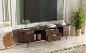 English Elm 70 Inch Mid Century Media Console with Tambour Doors Fluted Drawers and Wood Legs N710P419840P