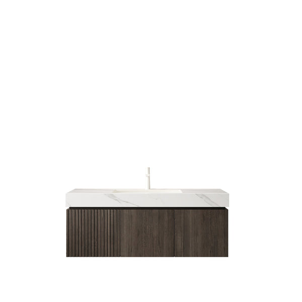 English Elm Muri Floating Bathroom Vanity Plywood Cabinet Sintered Stone Top Espresso Finish W2615S00459