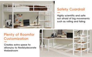 English Elm Loft loft bed with L-shaped desk, built-in storage stairs, 360° guardrail, sturdy iron frame for small rooms White W1935S00004