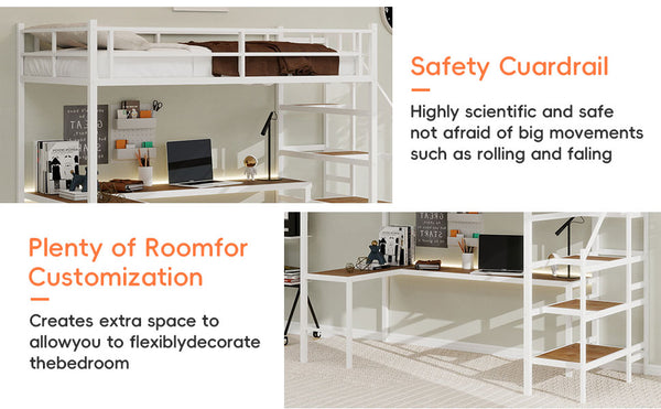 English Elm Loft loft bed with L-shaped desk, built-in storage stairs, 360° guardrail, sturdy iron frame for small rooms White W1935S00004