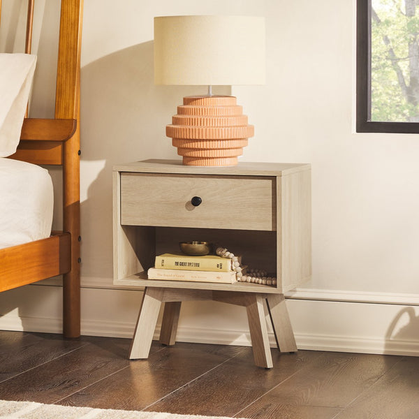 English Elm Walker Edison - Mid-Century minimalist 1-drawer nightstand with open cubby, warp-resistant MDF, sleek metal glides and hardware ideal for bedrooms Light Brown 23.25 L x 14.75 W x 6.68 H B185P168890