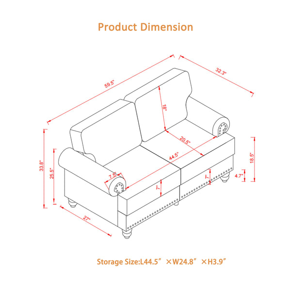 English Elm 59.5" Modern Classic Loveseat Sofa with Storage, Solid Wood Frame, Coil Springs & Removable Covers Brown W1097S00176