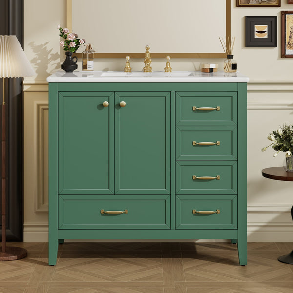 English Elm Christopher Knight Home® - 36" Vintage-inspired Bathroom Vanity with Ceramic Sink, Solid Wood Frame, Soft-Close Drawers, Spacious Storage Green N759P293646F