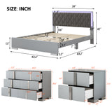 English Elm 4-Pieces Bedroom Sets Queen Size Upholstered Bed With Led Lights, Mirrored Nightstands and Dresser With Metal Handles and Legs,Grey