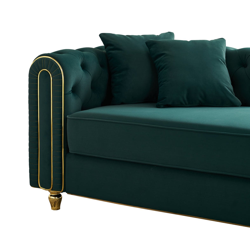 English Elm 66.9''W Velvet Chaise Lounge with Tufted Back and Gold Trim, Luxury Modern Sofa for Living Room Green W579P224636