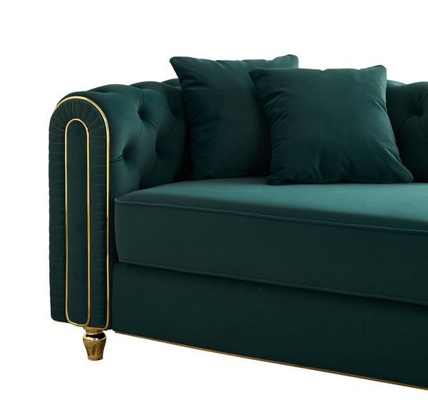 English Elm 66.9''W Velvet Chaise Lounge with Tufted Back and Gold Trim, Luxury Modern Sofa for Living Room Green W579P224636