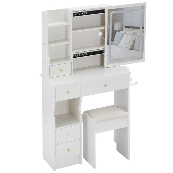 English Elm 29.2" Compact Left Drawer Vanity Table With Cushioned Stool, Led Mirror, Usb Ports & Hair Dryer Holder W3258P299616