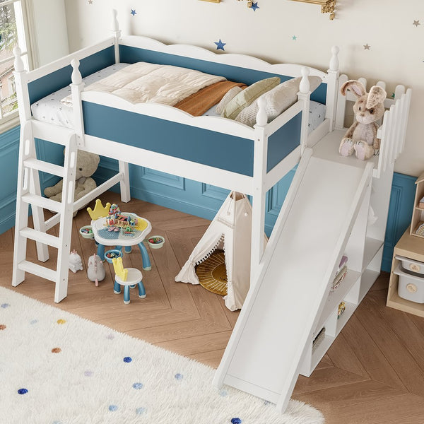 English Elm Twin Loft Bed Solid Pine Frame with Wardrobe Shelving Detachable Slide Kids Room White+Blue W5305S00019