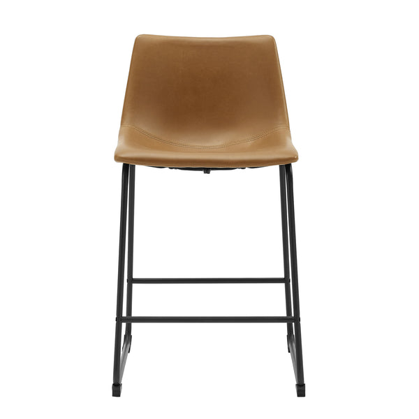 English Elm Walker Edison - Industrial Faux Leather Counter Stools Set of 2 Whiskey Brown — PU Upholstery, Powder-Coat Steel Legs, Easy-Clean Stylish Design. B185P169315