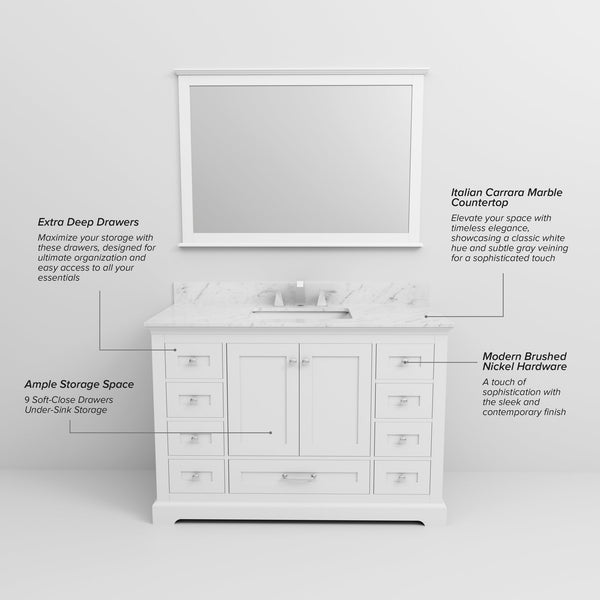 English Elm White Single Bath Vanity 48 in. W x 22 in. D with Carrara Marble Top, Solid Wood, Soft-Close Drawers B2731P258204