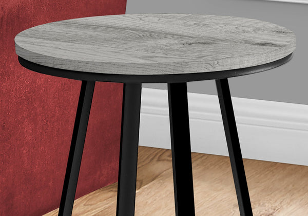 English Elm Accent Table - Modern Grey Laminate Round End Table With Black Metal Base For Stylish Spaces B2710P218976