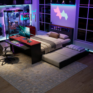 English Elm Full Size Wood Platform Daybed with Trundle Desk Rgb Led Lighting Gaming Bedroom Black+Red LT000284AAR