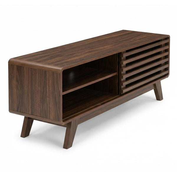 English Elm Tv Stand with Louvered Sliding Doors Tapered Legs Walnut Media Console W3204P465917