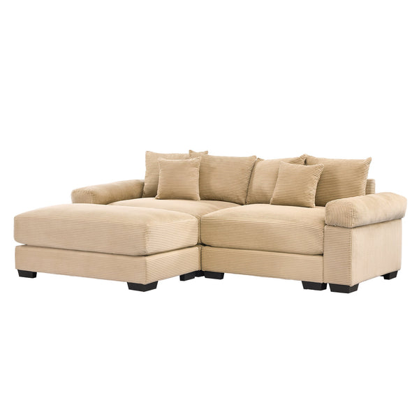 English Elm 92" Oversized Modular L-Shape Sectional Couch In Soft Camel Corduroy With Ottoman & 6 Pillows W714S01306