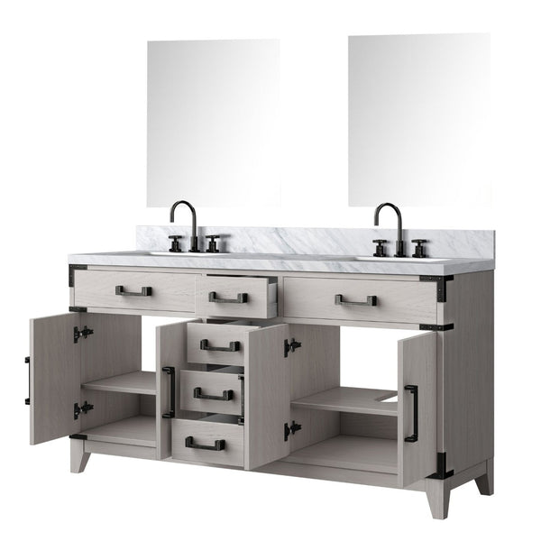 English Elm White Oak Double Bath Vanity With Carrara Marble Top, Chrome Faucets, Mirrors & Ample Storage B2731S01854-GIGA