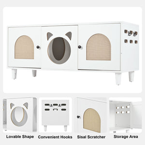 English Elm Modern Wood Cat Cabinet with Sisal Scratcher, Magnetic Litter Box Enclosure with Storage & Hooks, Cream White N843P252373C