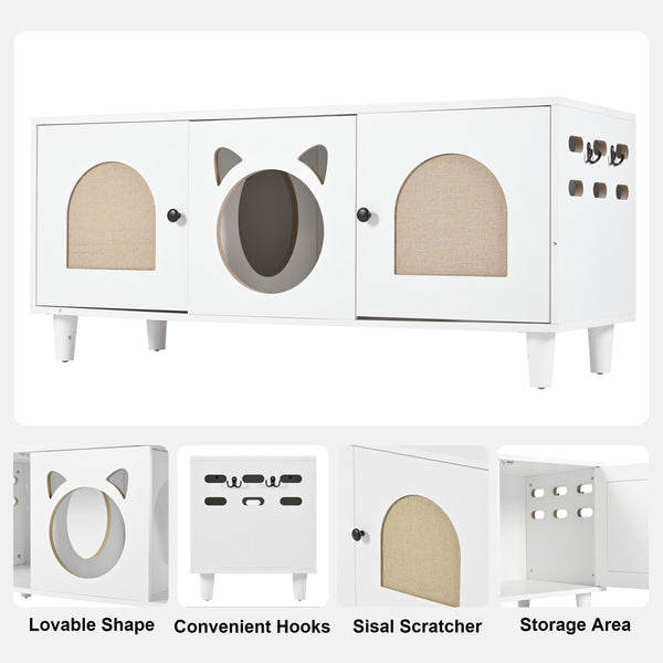 English Elm Modern Wood Cat Cabinet with Sisal Scratcher, Magnetic Litter Box Enclosure with Storage & Hooks, Cream White N843P252373C