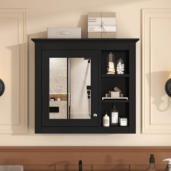 English Elm 30'' Modern Medicine Cabinet with Mirror and Adjustable Shelves, MDF Wall-Mounted Bathroom Storage Solution Black N710P192495B