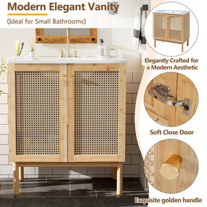 English Elm 30-inch bamboo bathroom vanity with handwoven rattan doors, soft-close hinges, ample storage beauty WF530472AAD