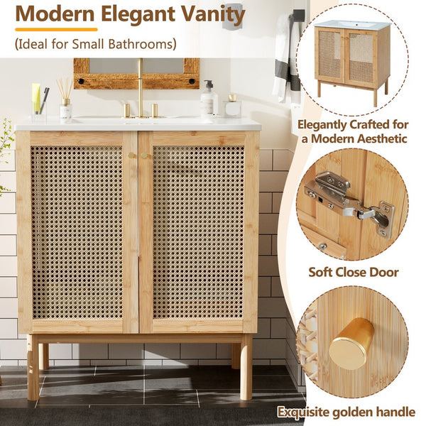English Elm 30-inch bamboo bathroom vanity with handwoven rattan doors, soft-close hinges, ample storage beauty WF530472AAD
