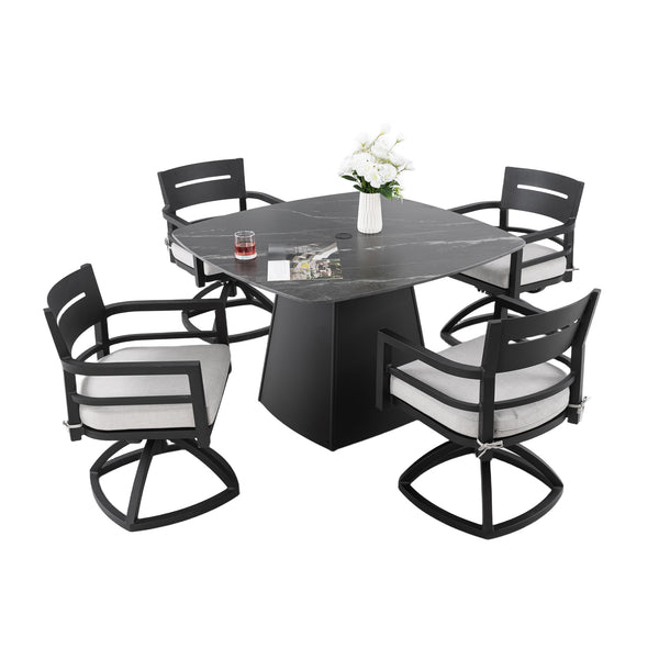 English Elm 5-Piece Outdoor Pedestal Dining Set With Swivel Rockers, Sintered Stone Table, Sunbrella Cushions & More! W1886S00032