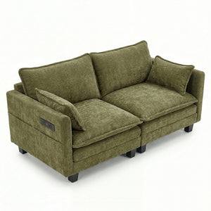English Elm Modern Chenille Three Seat Sofa with Ottoman Usb Charging Ports and Storage Pockets Green W2519S00005