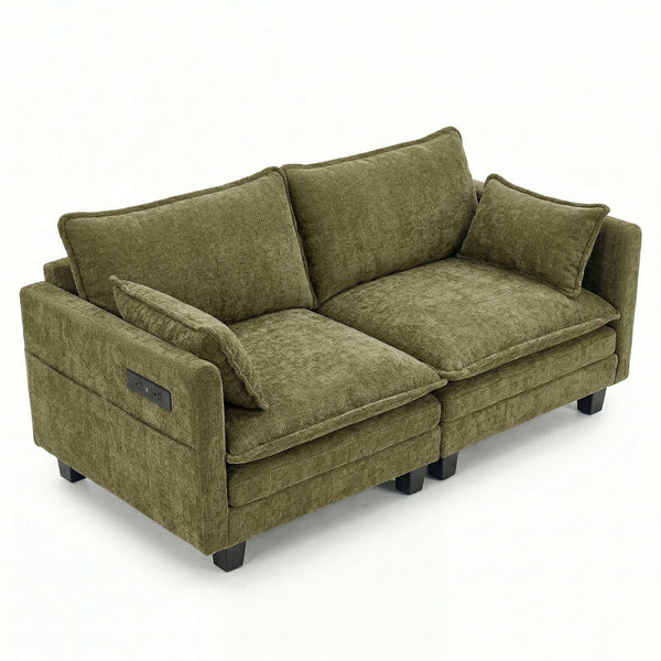 English Elm Modern Chenille Three Seat Sofa with Ottoman Usb Charging Ports and Storage Pockets Green W2519S00005