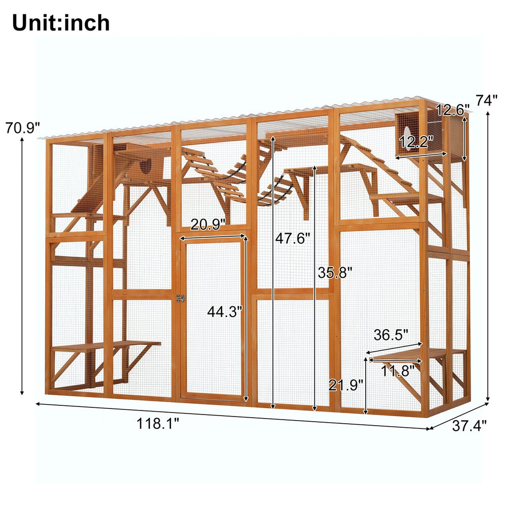 English Elm Weatherproof Pine Wood Catio Outdoor Cat Enclosure with Platforms Ramps and Pvc Roof N843MP003N