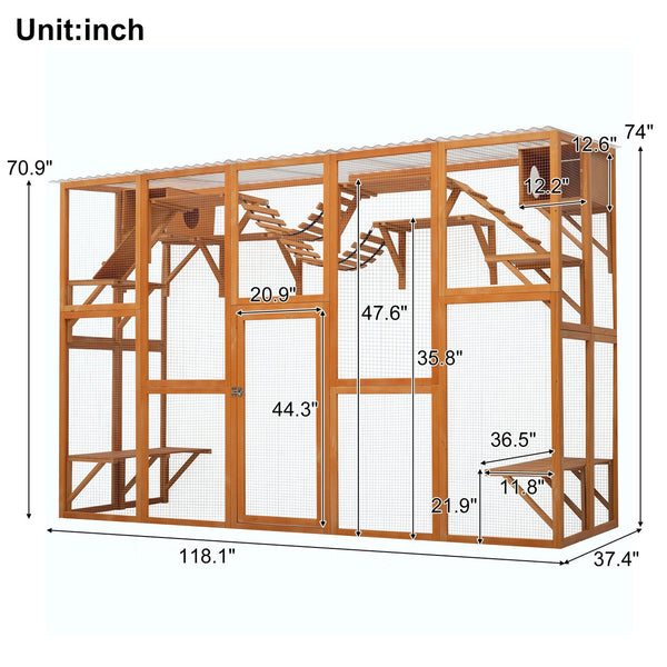 English Elm Weatherproof Pine Wood Catio Outdoor Cat Enclosure with Platforms Ramps and Pvc Roof N843MP003N