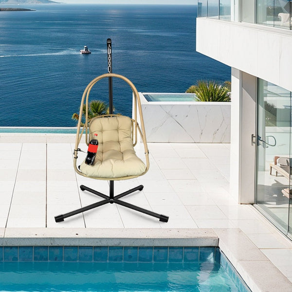 English Elm Swing Egg Chair With Stand – Cozy Indoor/Outdoor Wicker Patio Basket With Cup Holder & Cushions! W2707P296436-GIGA