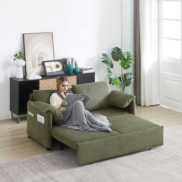 English Elm MH'' MH' 64.5 Inch Sleeper Sofa Bed with Corduroy Upholstery, Sturdy Wood & Iron Frame, 3-in-1 Convertible Comfort Green W1193S00127