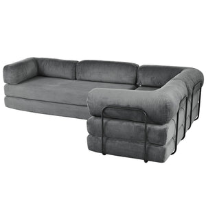 English Elm U_style Modular Corduroy Sectional Sofa Converts to Guest Bed for Apartment Living Grey WY000463AAE