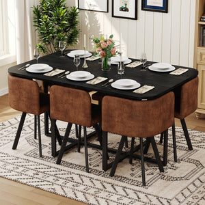 English Elm 7 Piece Rectangular Dining Set with Suede Chairs Black Wood Grain Table Modern Rustic W3875S00097